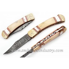 Engraved Bolsters Damascus Folding Knife (Smk1007)